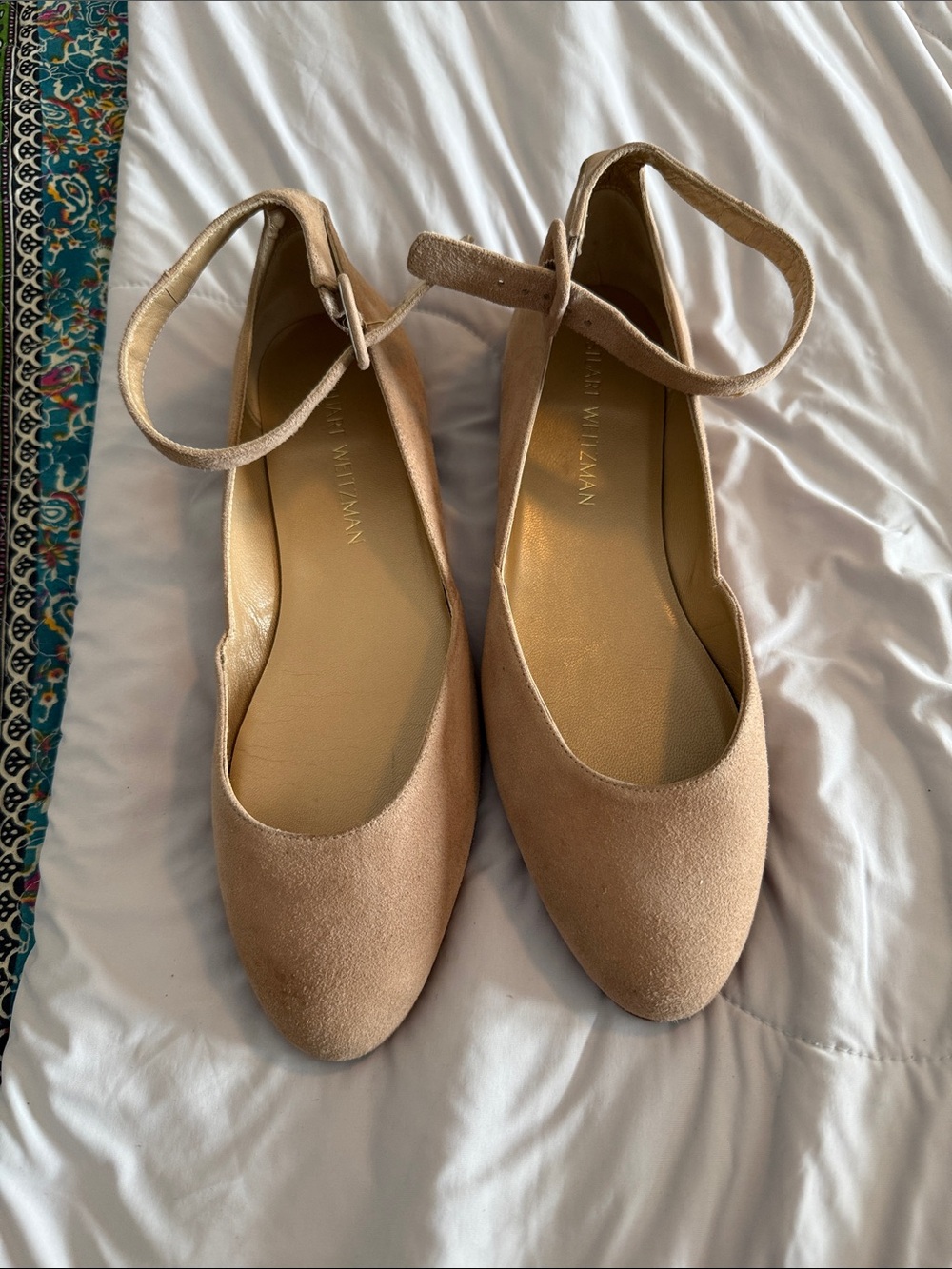 Stuart Weitzman Nude Suede Ankle-Strap Flats